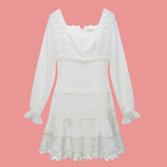 Endless Rose Dresses & Skirts - Endless Rose White Square Neckline Lace Trim Dress Long Sleeve Mini TL088D New L